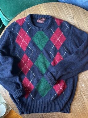 100% Wool Navy Argyle Crewneck Sweater with Red & Green Diamonds